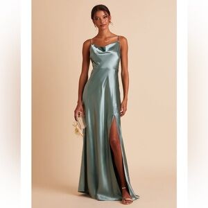 Birdy Grey Lisa medium sea glass green shiny satin bridesmaid dress formal gown